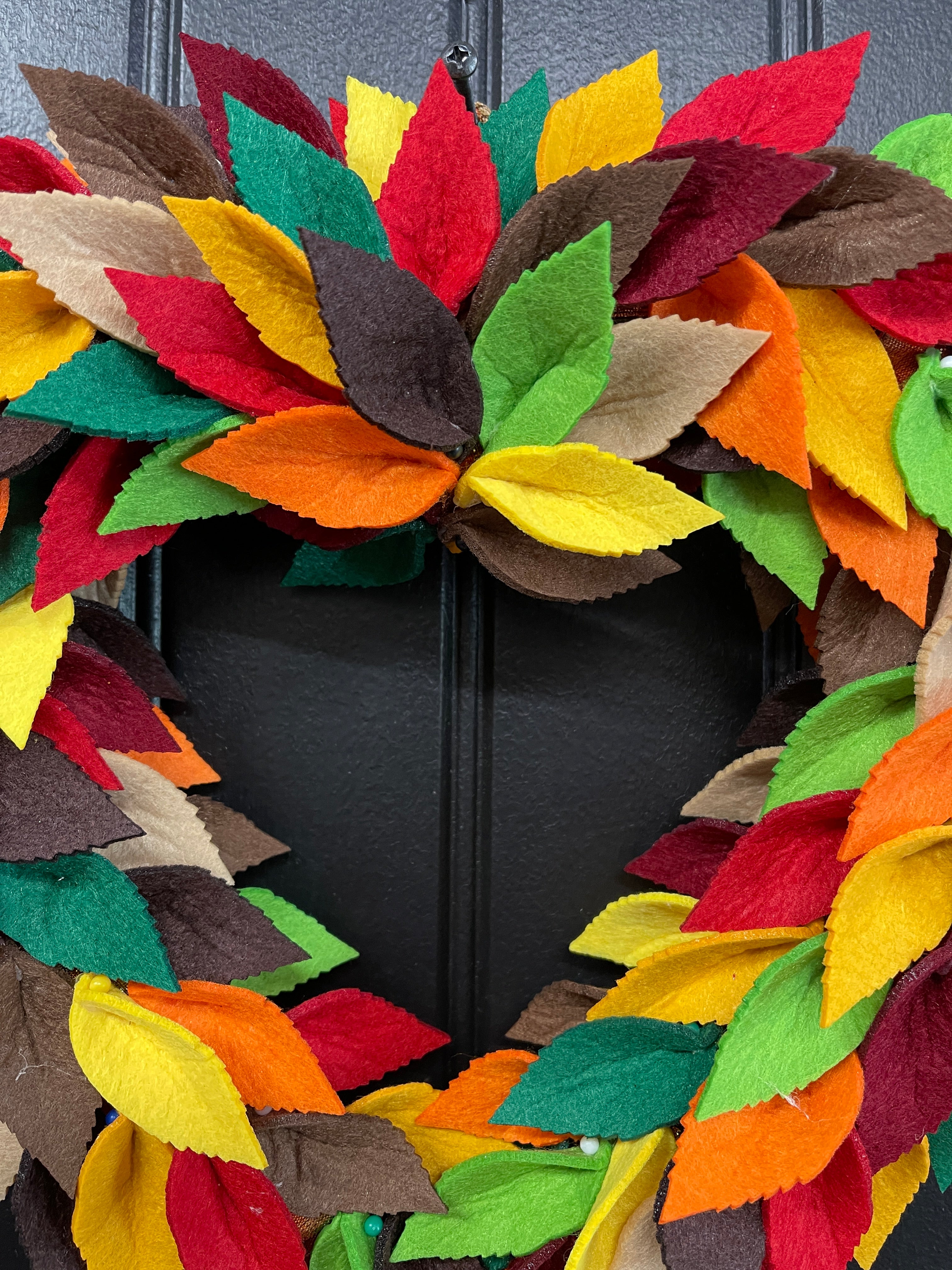 Colorful Felt Leaf Heart Wreath – 14” Fall Storm Door Wreath – Autumn Decor – Handmade Heart-Shaped Wreath – Cozy Seasonal Home Accent, KatsCreationsNMore