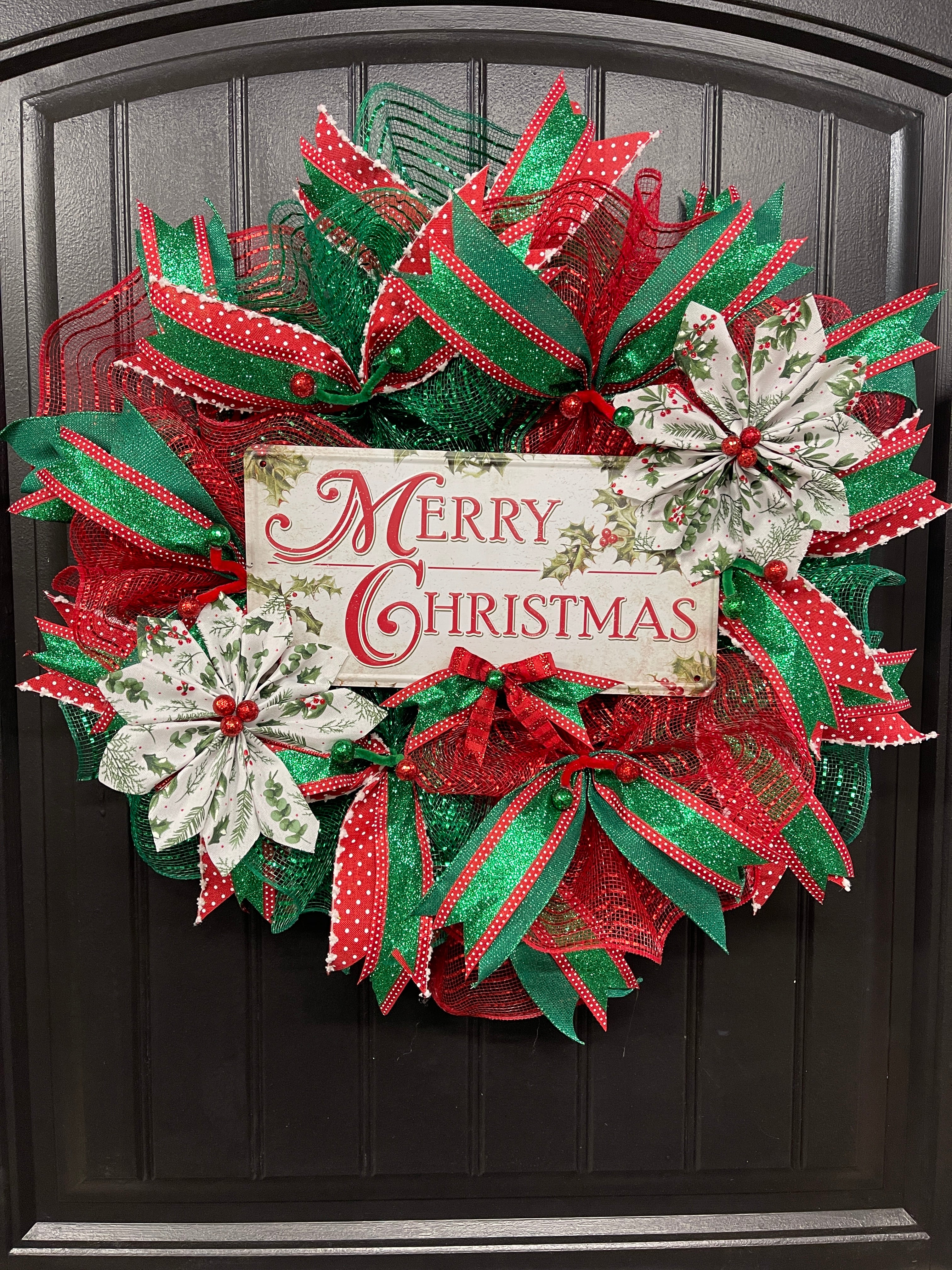 Merry Christmas Classic Deco Mesh Wreath — 25” Storm Door Friendly Holiday Door Décor | KatsCreationsNMore