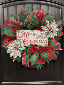 Merry Christmas Classic Deco Mesh Wreath — 25” Storm Door Friendly Holiday Door Décor | KatsCreationsNMore