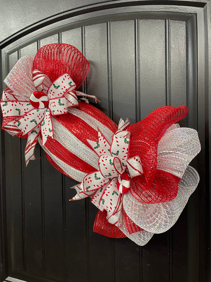 New Peppermint Wrapped Christmas Candy Wreath, Holiday Sweet Confectionery Door Hanger,