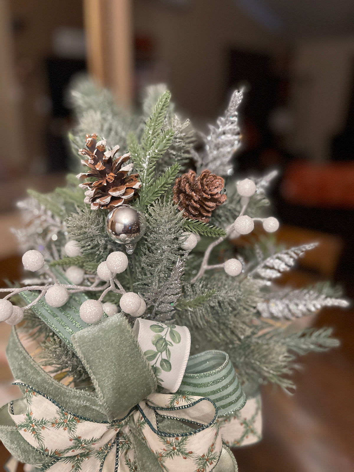Winter Lantern Swag with Sage Bow & Frosted Greenery