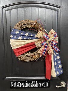 Patriotic Swag Bunting Grapevine American Flag Wreath, KatsCreationsNMore