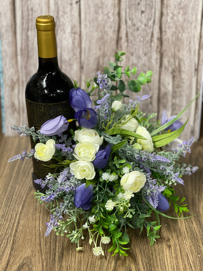 Spring Purple Tulips and Cream Ranunculus Bottle Bouquet, Floral Bridal or Baby Shower Centerpieces, Candle Holders, KatsCreationsNMore