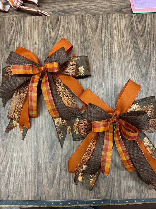 Fall Bow Set of 2, Autumn Decor Bows, Fall Wreath Bow, Lantern Bow, Mantel Garland Bows, Porch Decor, Orange Brown Plaid Bows