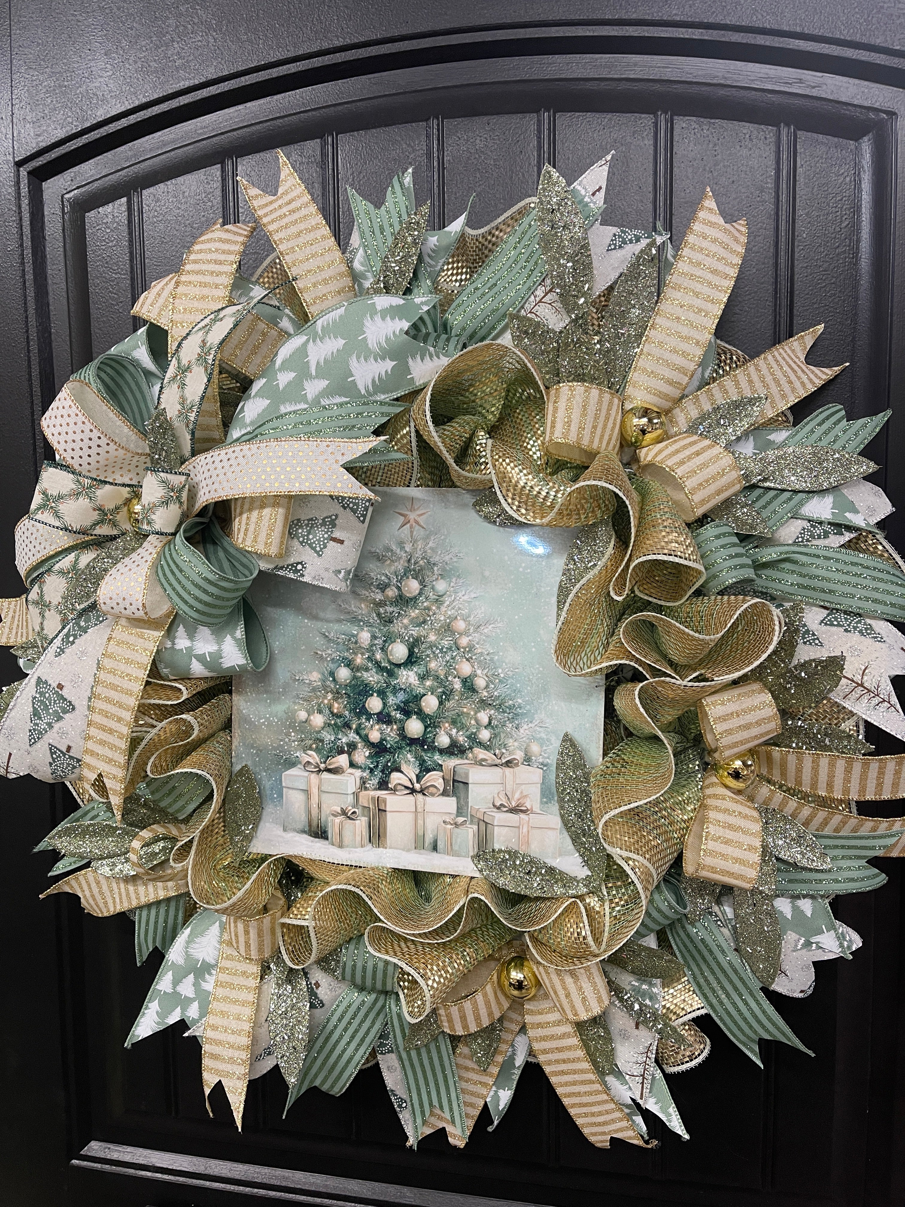 Sage & Champagne Gold Christmas Wreath — Elegant Winter Door Decor, KatsCreationsNMore