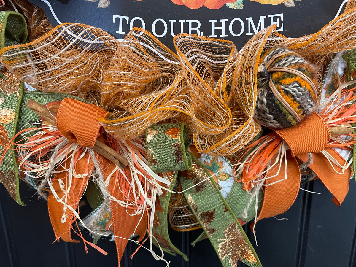 Welcome to Our Home Fall Pumpkin Wreath – Handmade Autumn Front Door Décor with Pumpkins, Cinnamon Sticks, Raffia & Rustic Ribbons, KatsCreationsNMore