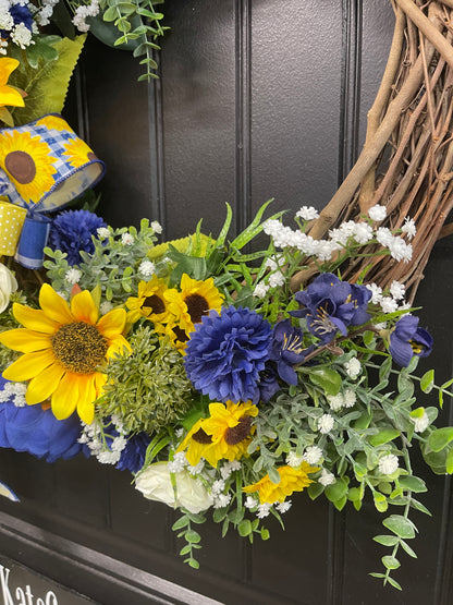 Sunflower and Peony Grapevine Wreath – Yellow and Blue Summer Door Decor - KatsCreationsNMore