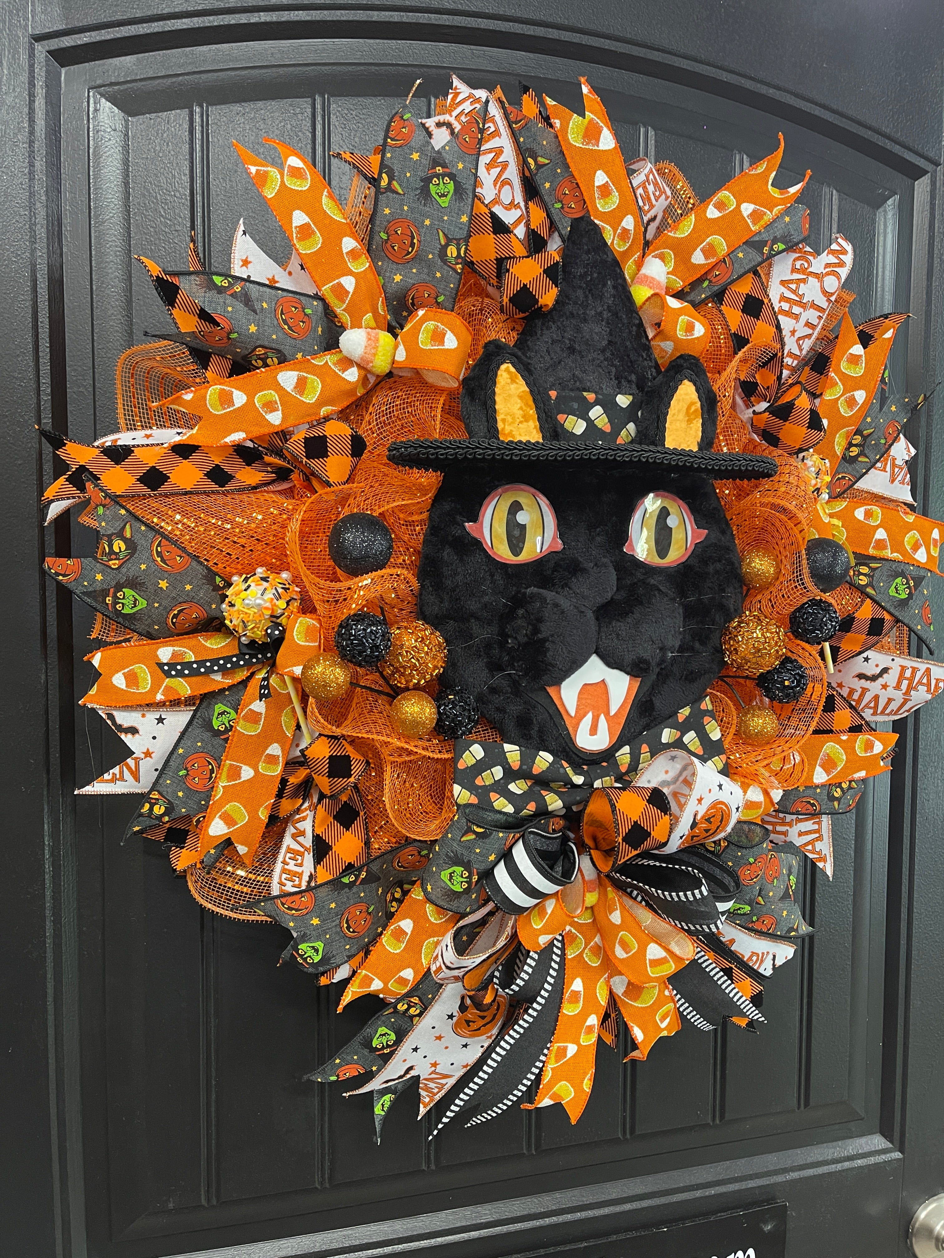 Retro Black Cat Vintage Halloween Wreath for Front Door by KatsCreationsNMore