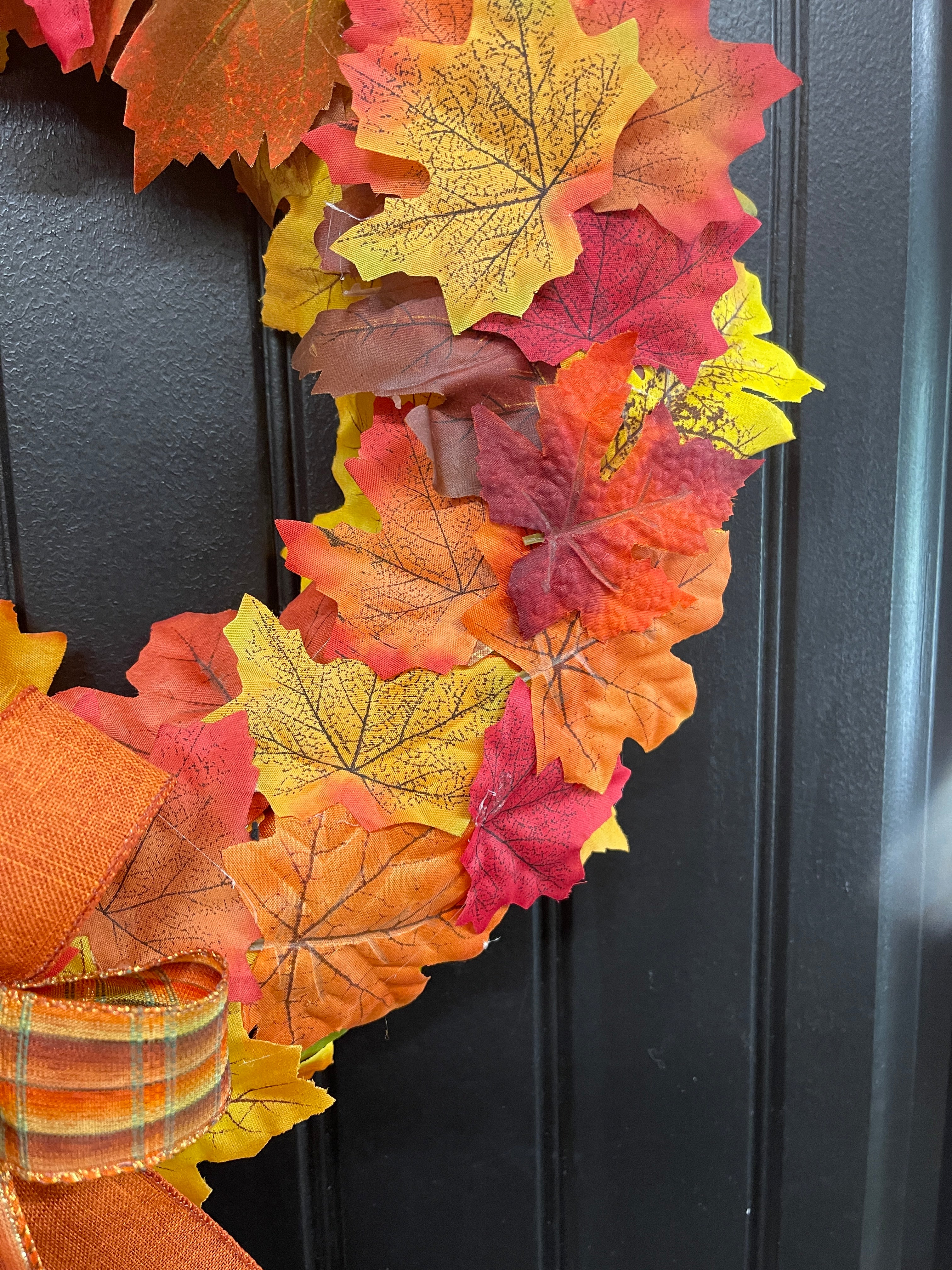 Handmade Fall Wreath – Maple Leaves & Plaid Ribbon – Front Door Ready - Storm Door Friendly - KatsCreationsNMore