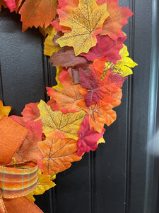 Handmade Fall Wreath – Maple Leaves & Plaid Ribbon – Front Door Ready - Storm Door Friendly - KatsCreationsNMore