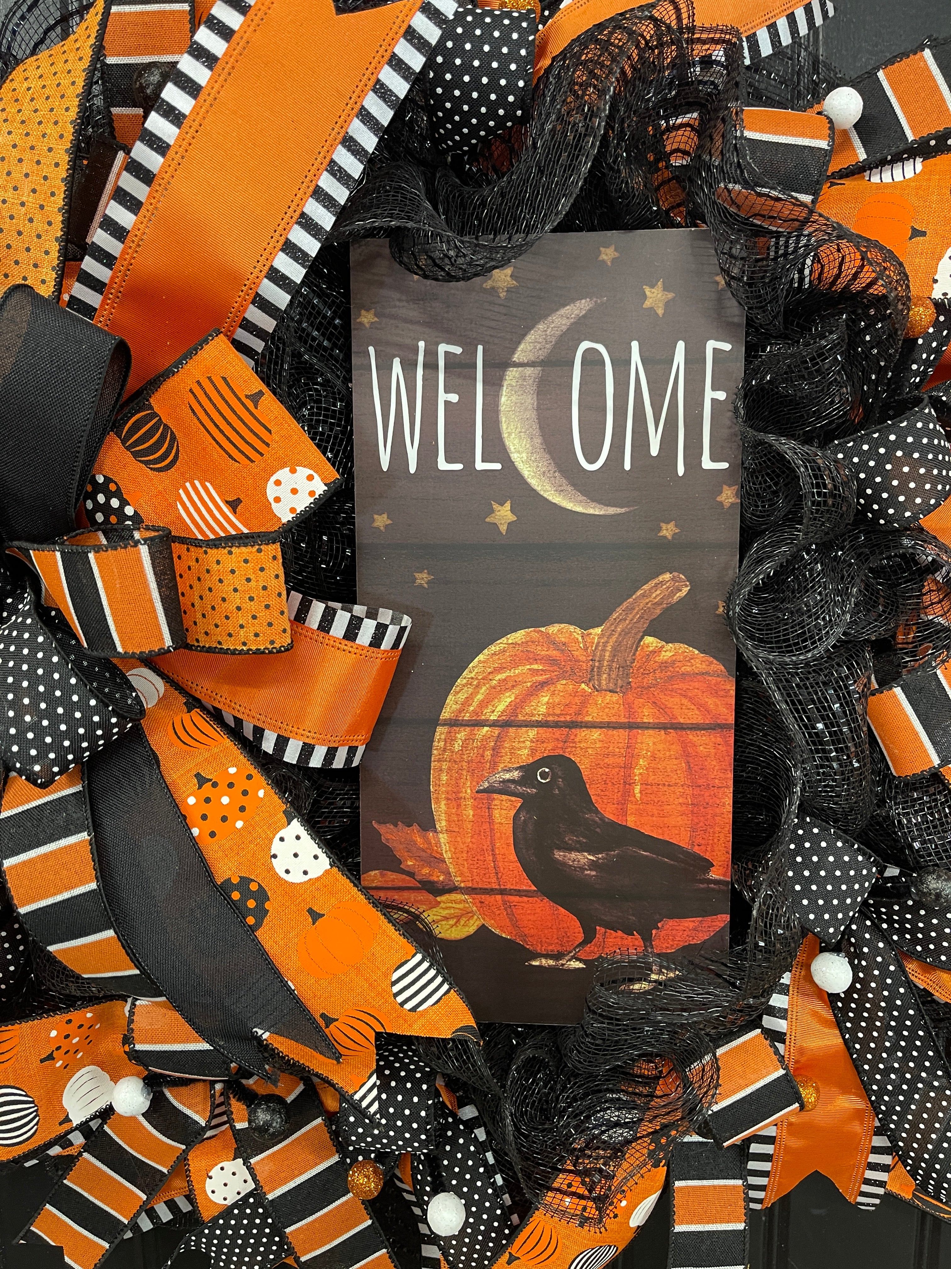 Halloween Welcome Wreath with Pumpkin & Raven Sign | Black & Orange Deco Mesh Front Door Wreath | Spooky Fall Porch Decor Handmade