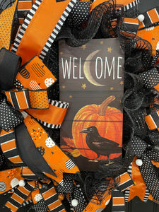 Halloween Welcome Wreath with Pumpkin & Raven Sign | Black & Orange Deco Mesh Front Door Wreath | Spooky Fall Porch Decor Handmade