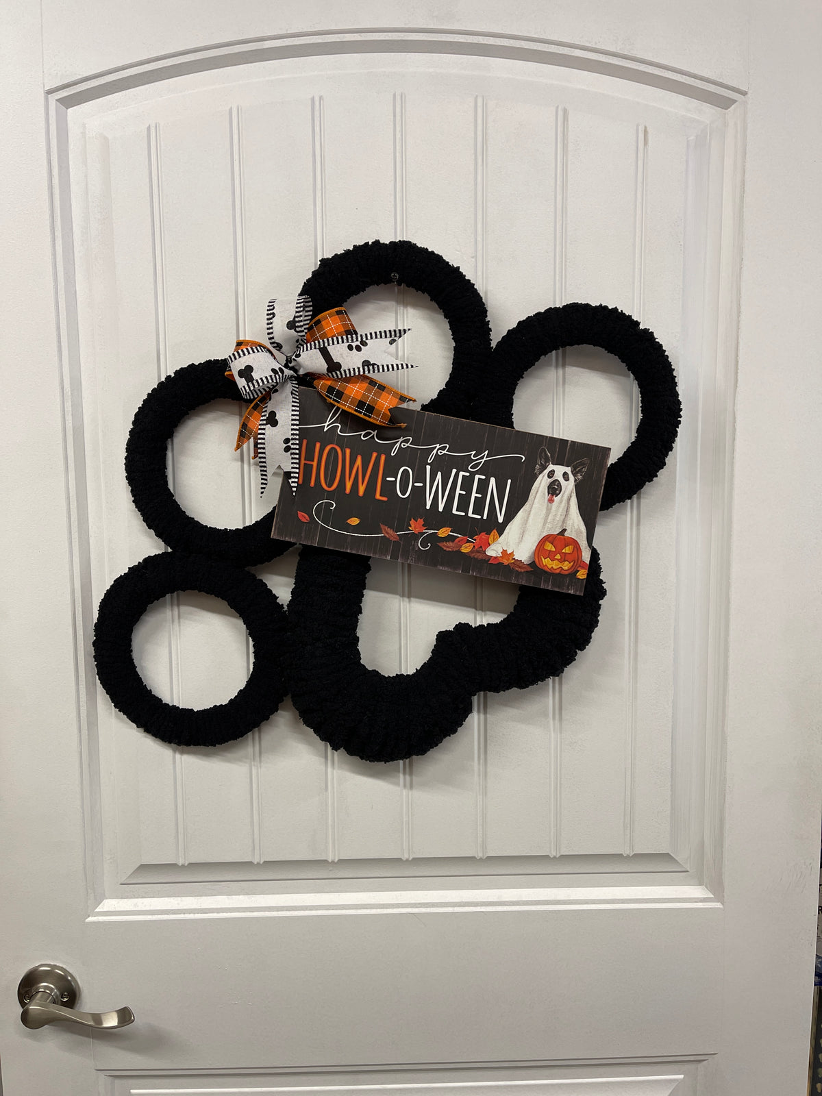 Black Dog Paw Print Chenille Yarn Happy Halloween Wreath by KatsCreationsNMore