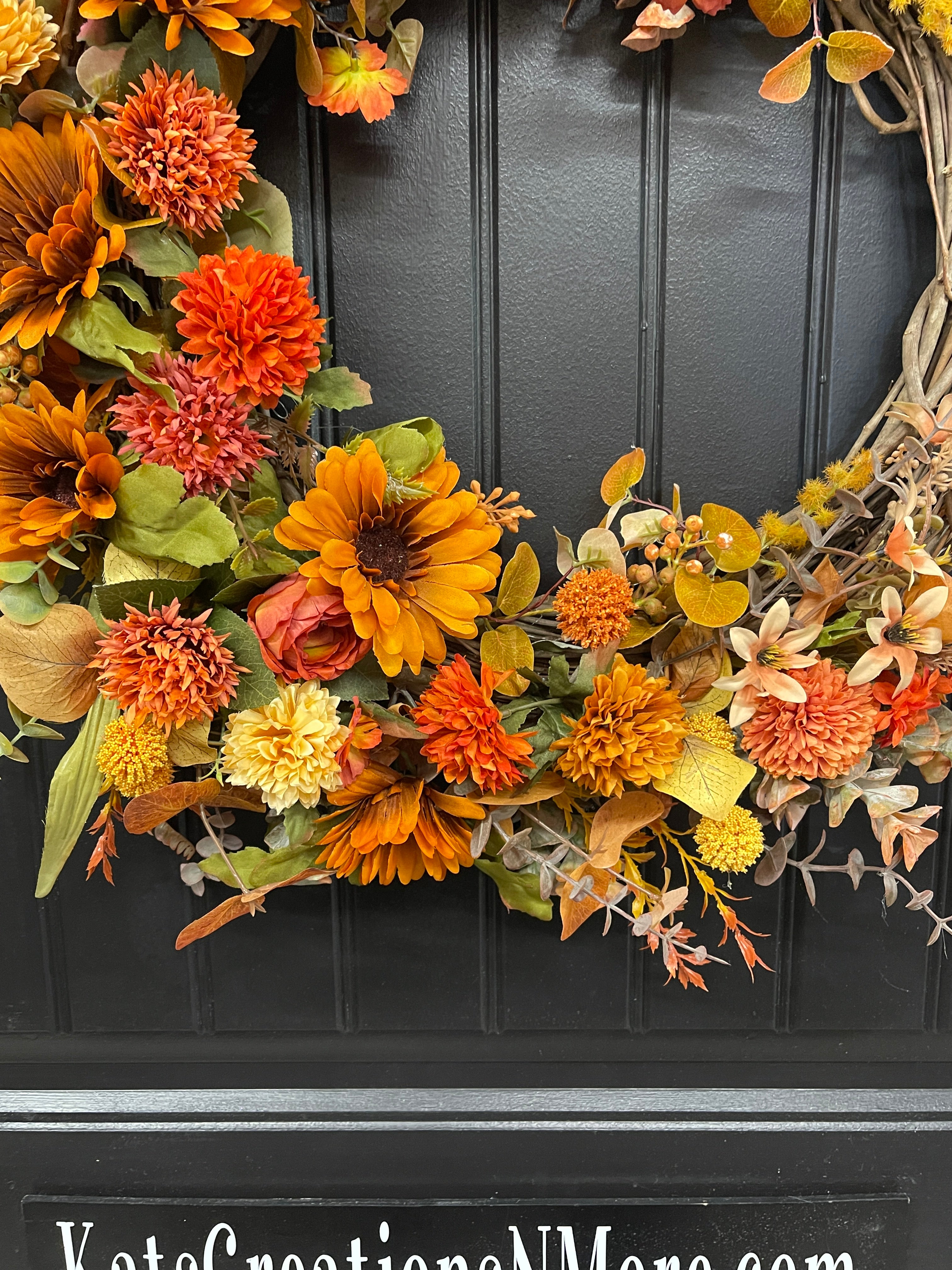 Fall Floral Grapevine, Autumn Front Door Crescent Wreath, KatsCreationsNMore