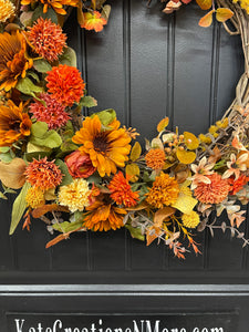 Fall Floral Grapevine, Autumn Front Door Crescent Wreath, KatsCreationsNMore