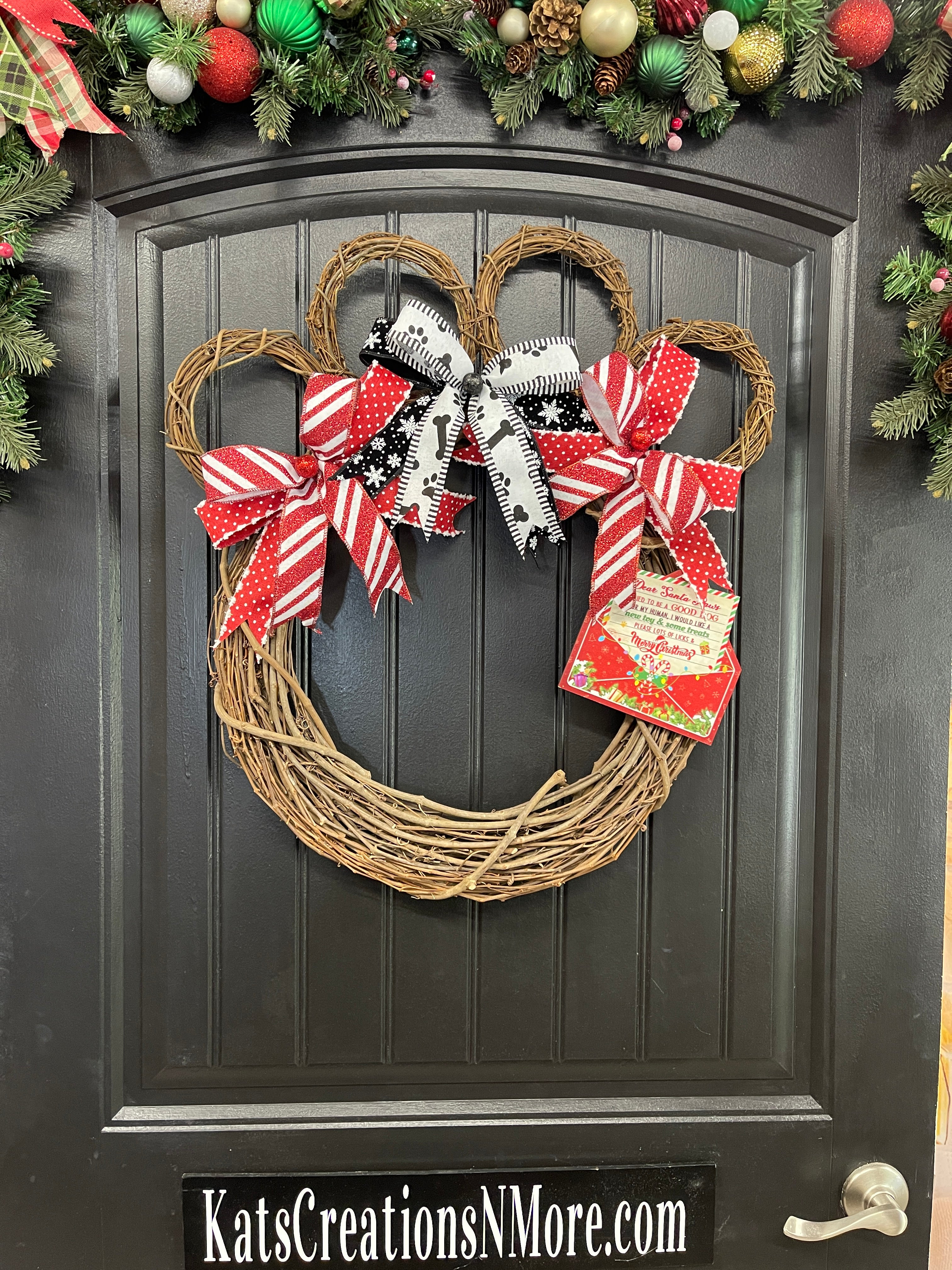 Dog Paw Print Grapevine Christmas Wreath – Pet Lover Holiday Door Decor, Storm Door Friendly | Handmade Gift for Dog Moms, KatsCreationsNMore