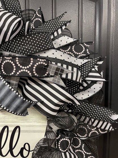 Black & White Hello Classic Everyday Welcome Wreath | Modern Farmhouse Front Door Décor | KatsCreationsNMore