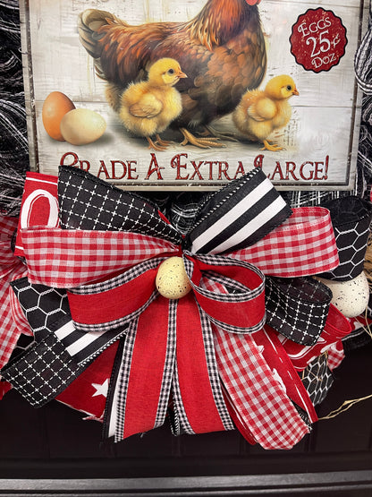 Farmhouse Chicken Wreath, Fresh Eggs Front Door Wreath, Rustic Chicken Wreath, Country Farmhouse Decor, Red Gingham Spring Summer Wreath, KatsCreationsNMore
