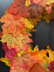 Handmade Fall Wreath – Maple Leaves & Plaid Ribbon – Front Door Ready - Storm Door Friendly - KatsCreationsNMore