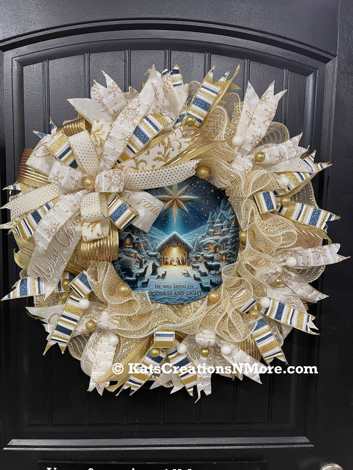Goodness and Light Nativity Christmas Wreath | Elegant Gold & Cream Mesh Holiday Door Decor | Luke 2:14 Nativity Scene Wreath, KatsCreationsNMore