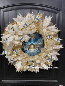 Goodness and Light Nativity Christmas Wreath | Elegant Gold & Cream Mesh Holiday Door Decor | Luke 2:14 Nativity Scene Wreath, KatsCreationsNMore