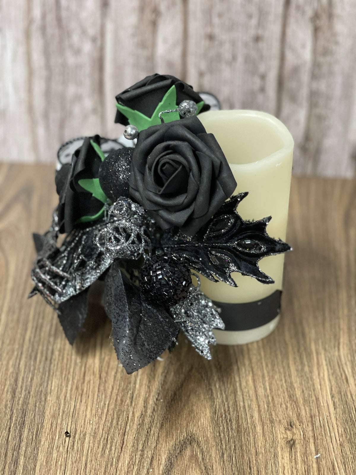 Halloween Floral Bottle Bouquet, Spooky Black Rose Centerpiece, Spider Candle Holder Arrangement, KatsCreationsNMore