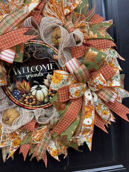 Rustic Welcome Friends Fall Pumpkin Wreath by KatsCreationsNMore