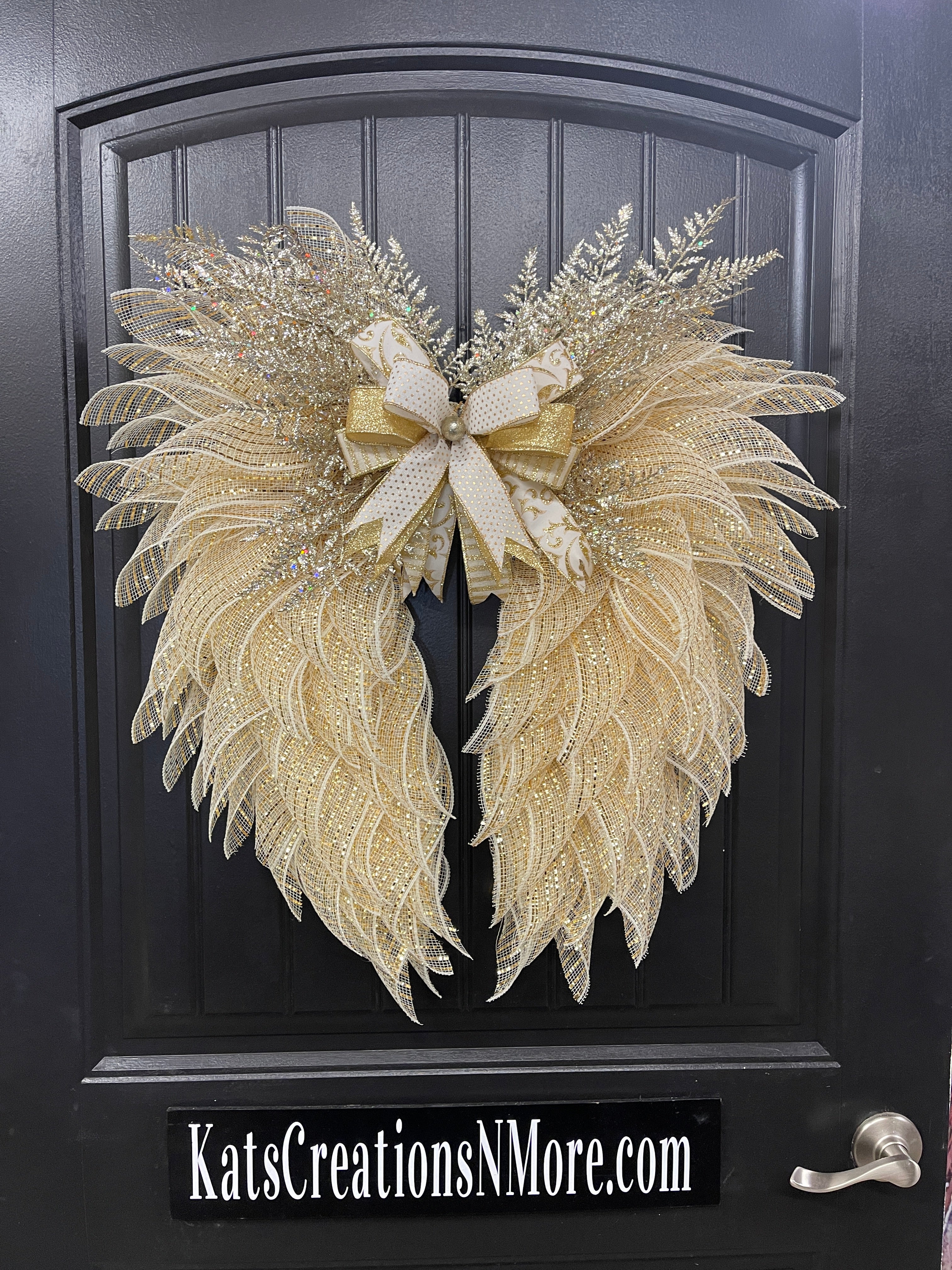 Gold and Cream Angel Wings Wreath, Christmas Holiday Angel Floral Wreath, KatsCreationsNMore