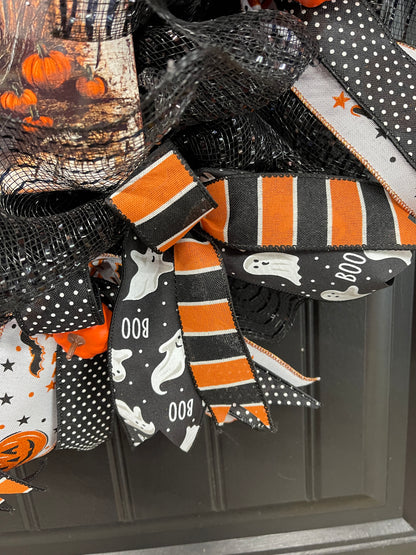Halloween Ghost Deco Mesh Wreath | Cute Ghost Front Door Wreath | Handmade Halloween Decor | Black Orange Mesh Wreath | Halloween Porch Decor