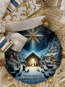 Goodness and Light Nativity Christmas Wreath | Elegant Gold & Cream Mesh Holiday Door Decor | Luke 2:14 Nativity Scene Wreath, KatsCreationsNMore