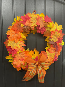 Handmade Fall Wreath – Maple Leaves & Plaid Ribbon – Front Door Ready - Storm Door Friendly - KatsCreationsNMore