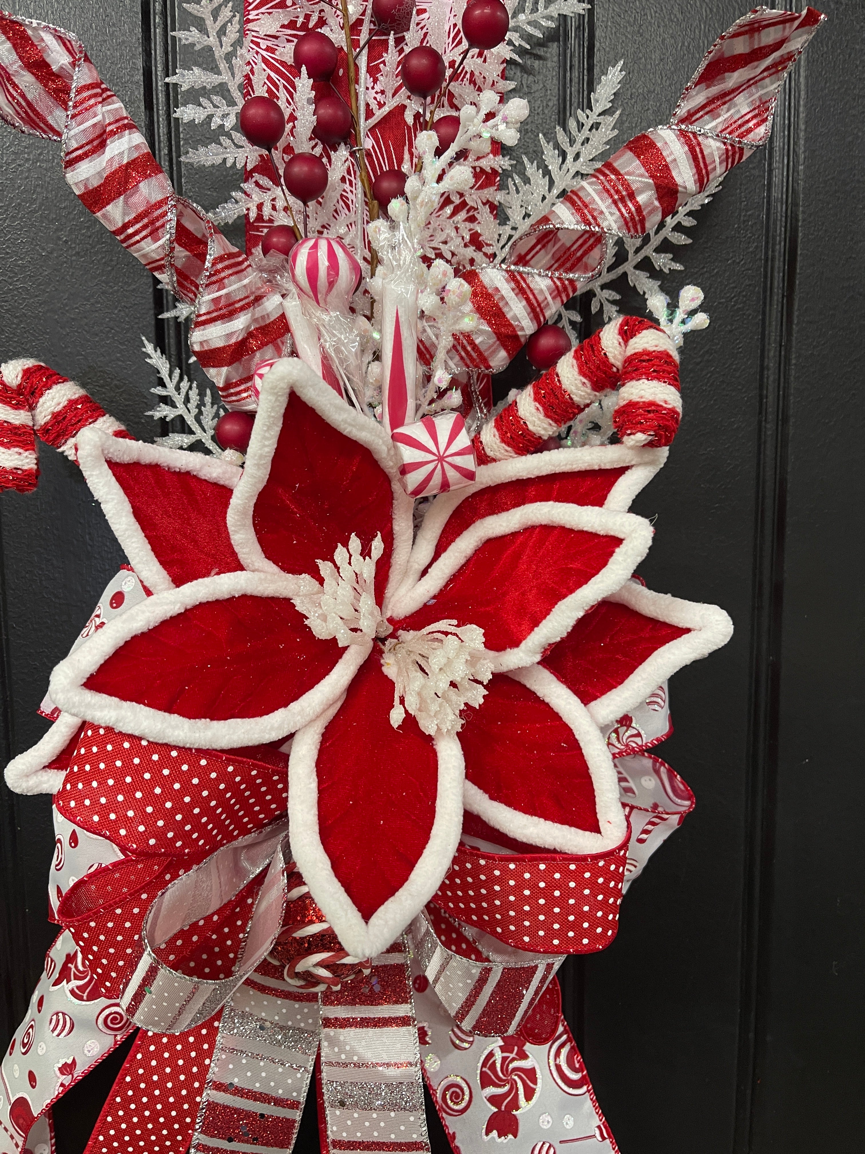 Double Sided Candy Cane Poinsettia Door Ribbon Swag, Holiday Storm Door Decor, KatsCreationsNMore