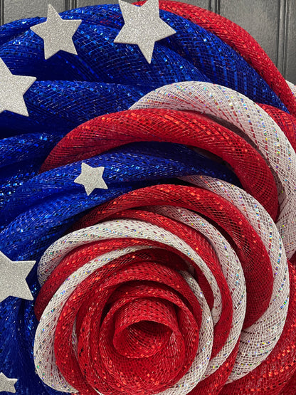 Patriotic Rose Wreath, Deco Mesh Floral Front Door Decor, KatsCreationsNMore