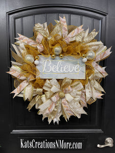 Gold Marble Believe Christmas Wreath, Metallic Holiday Front Door Decor, KatsCreationsNMore