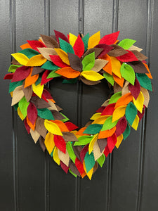 Colorful Felt Leaf Heart Wreath – 14” Fall Storm Door Wreath – Autumn Decor – Handmade Heart-Shaped Wreath – Cozy Seasonal Home Accent, KatsCreationsNMore