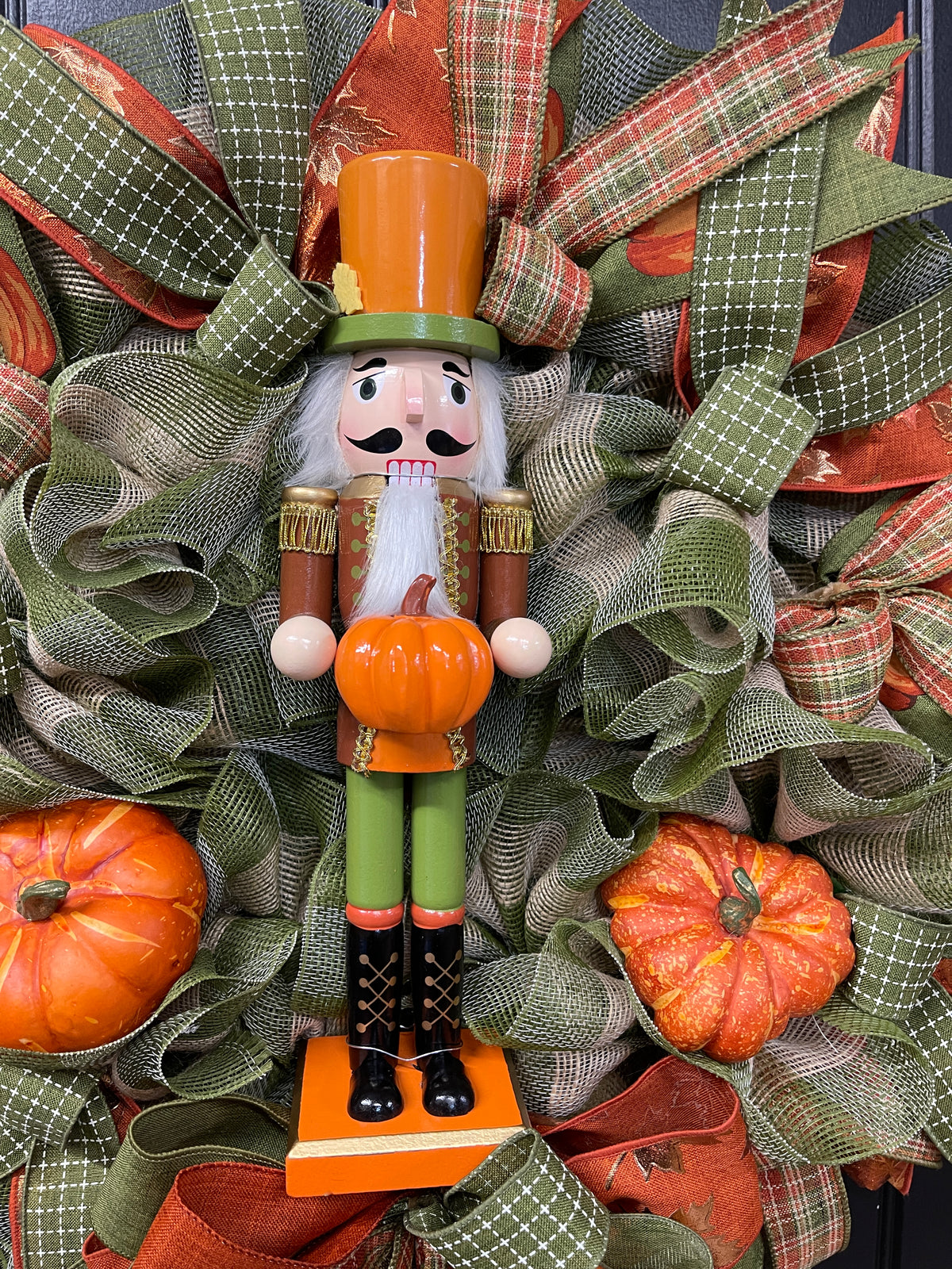 Pumpkin Nutcracker Fall Wreath – Rustic Autumn Front Door Wreath with Pumpkins and Plaid Ribbon