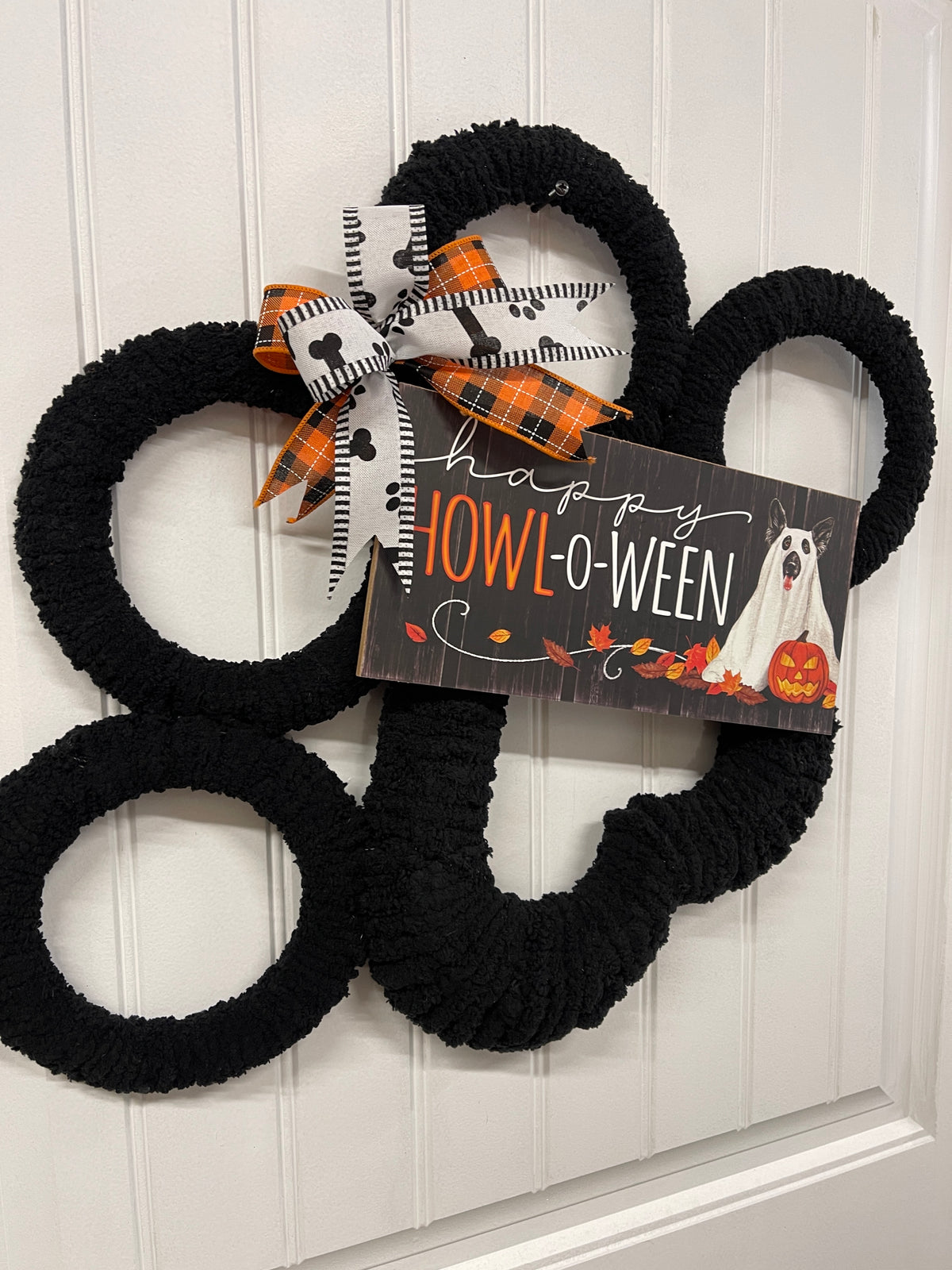 Black Dog Paw Print Chenille Yarn Happy Halloween Wreath by KatsCreationsNMore