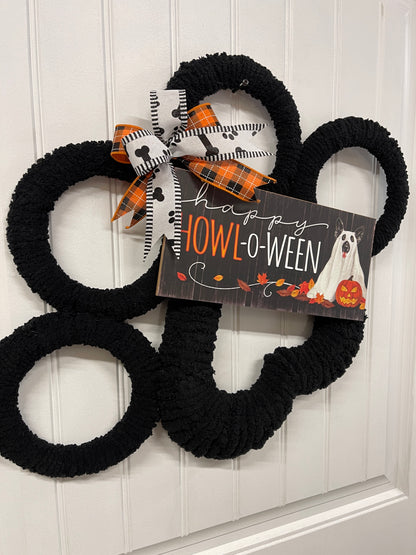 Black Dog Paw Print Chenille Yarn Happy Halloween Wreath by KatsCreationsNMore