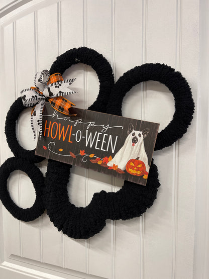 Black Dog Paw Print Chenille Yarn Happy Halloween Wreath by KatsCreationsNMore