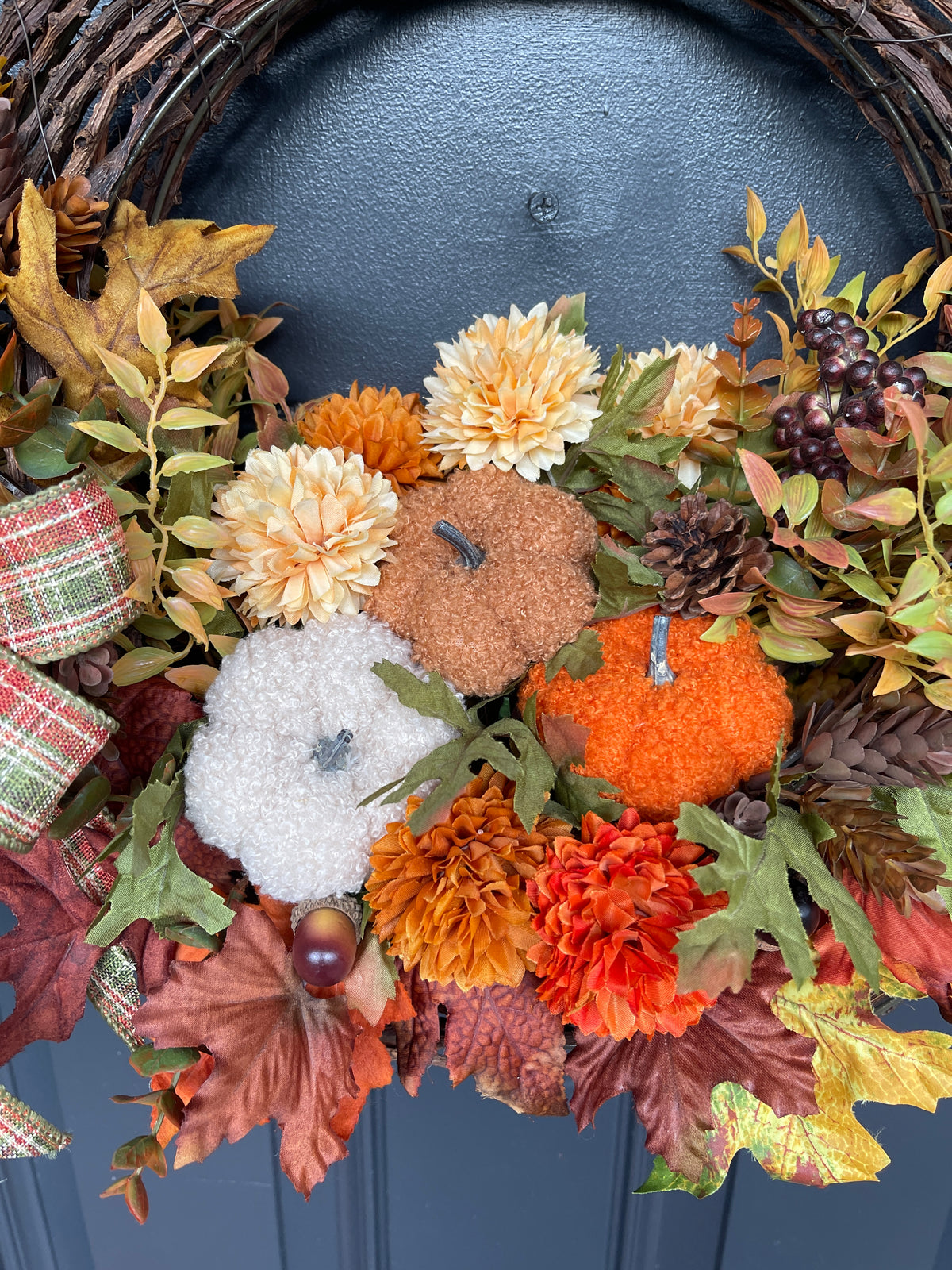 Fall Floral Basket, Pumpkin Grapevine Door Hanger, Autumn Floral Arrangement, Rustic Fall Front Door, Ready to Ship