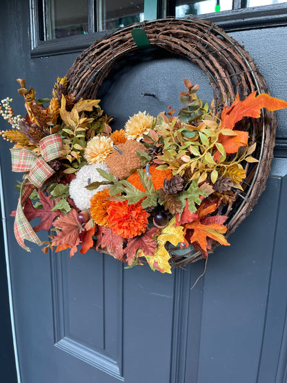 Fall Floral Basket, Pumpkin Grapevine Door Hanger, Autumn Floral Arrangement, Rustic Fall Front Door, Ready to Ship