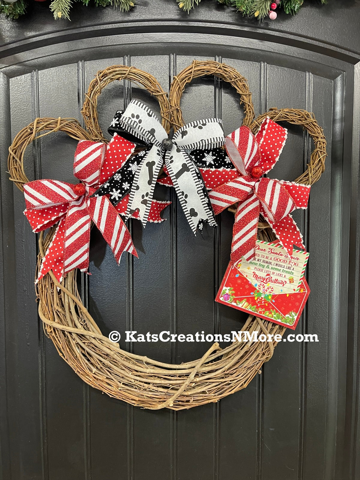 Dog Paw Print Grapevine Christmas Wreath – Pet Lover Holiday Door Decor, Storm Door Friendly | Handmade Gift for Dog Moms, KatsCreationsNMore