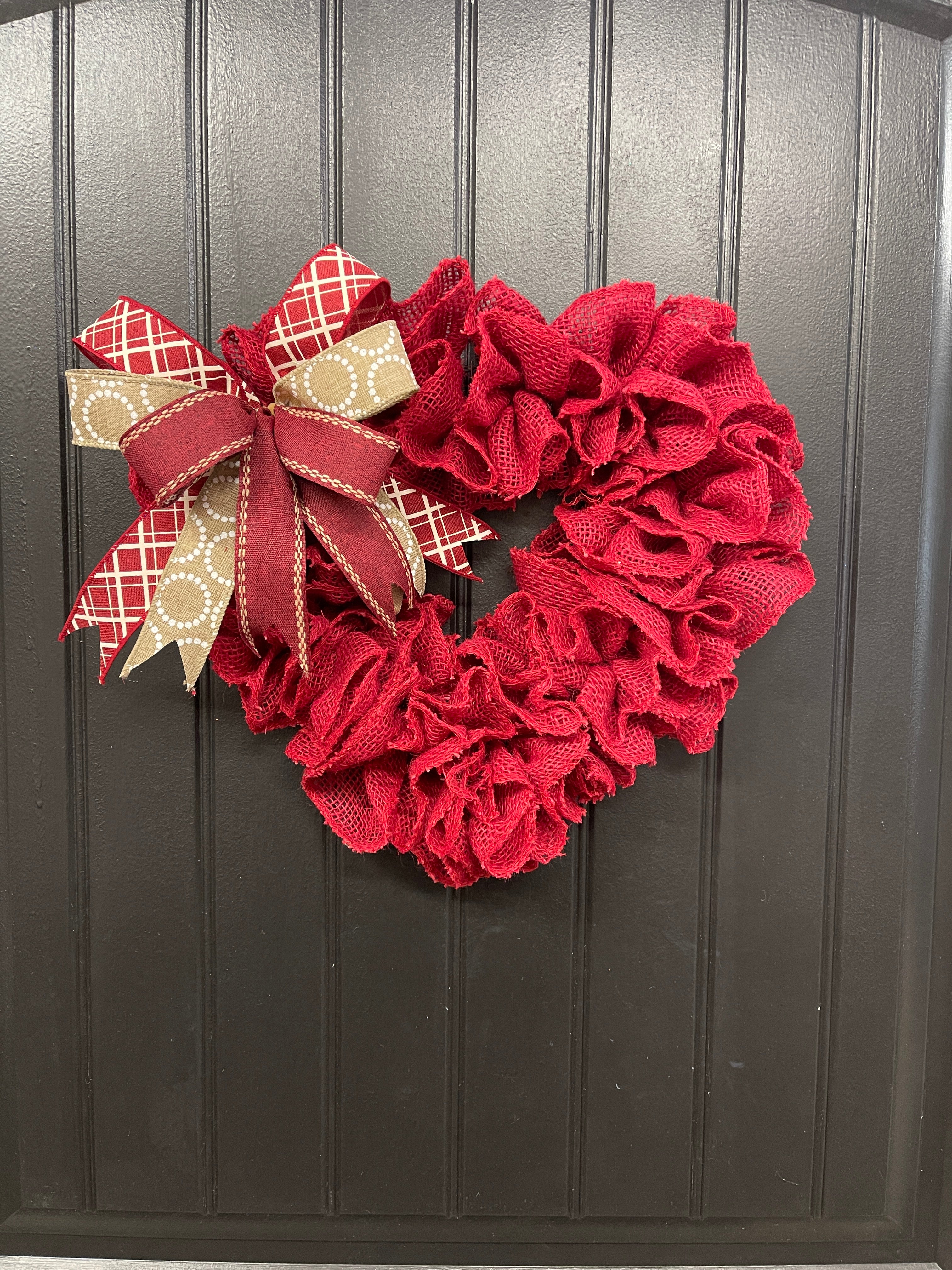 Heart-Shaped Red Burlap Wreath with Interchangeable Bows – Patriotic, Christmas & Everyday Options, KatsCreationsNMore