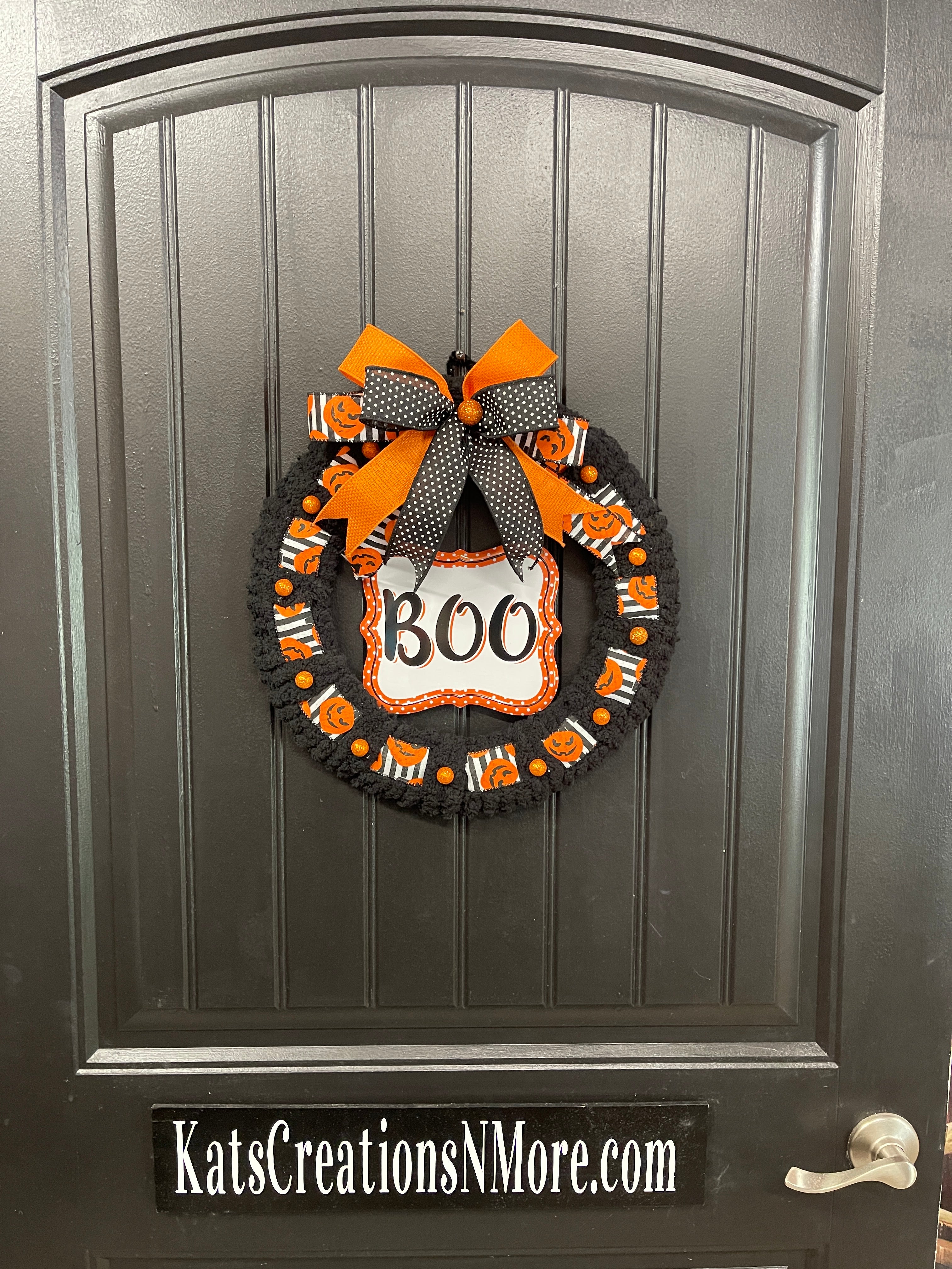Halloween “BOO” Wreath for Front Door – 16-Inch Black & Orange Jack-O’-Lantern Wreath – Storm Door Friendly - KatsCreationsNMore