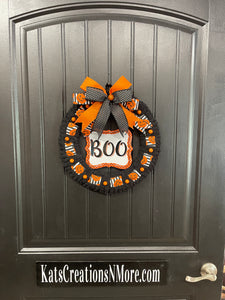 Halloween “BOO” Wreath for Front Door – 16-Inch Black & Orange Jack-O’-Lantern Wreath – Storm Door Friendly - KatsCreationsNMore