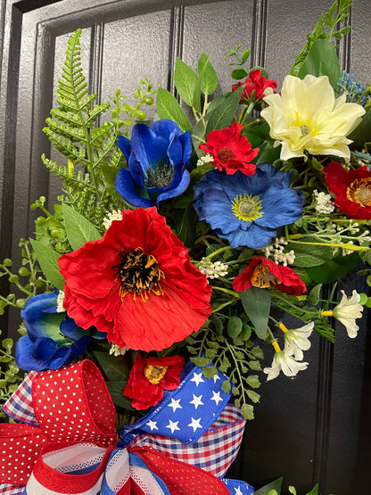 Patriotic Floral Grapevine Wreath with Removable “Home of the Free Because of the Brave” Sign – Red, White & Blue Summer Door Decor – Memorial Day, 4th of July, Veteran Gift, KatsCreationsNMore