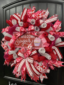 Welcome Sugar Valentines Day Wreath, Sweet Holiday Front Door Decor, KatsCreationsNMore