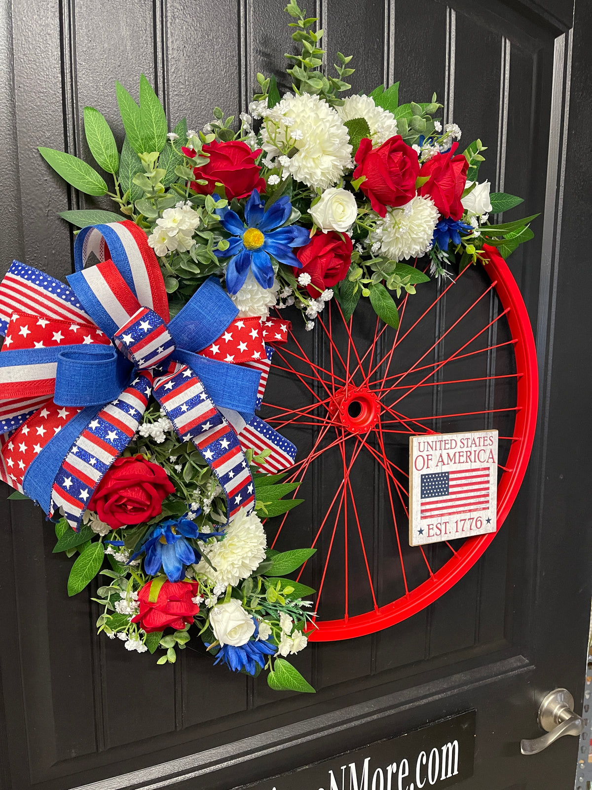 Patriotic Bike Wheel Wreath, Americana Front Door Decor, United States 1776 Wreath, Rustic Farmhouse Patriotic Decor, Memorial Day July 4th Wreath