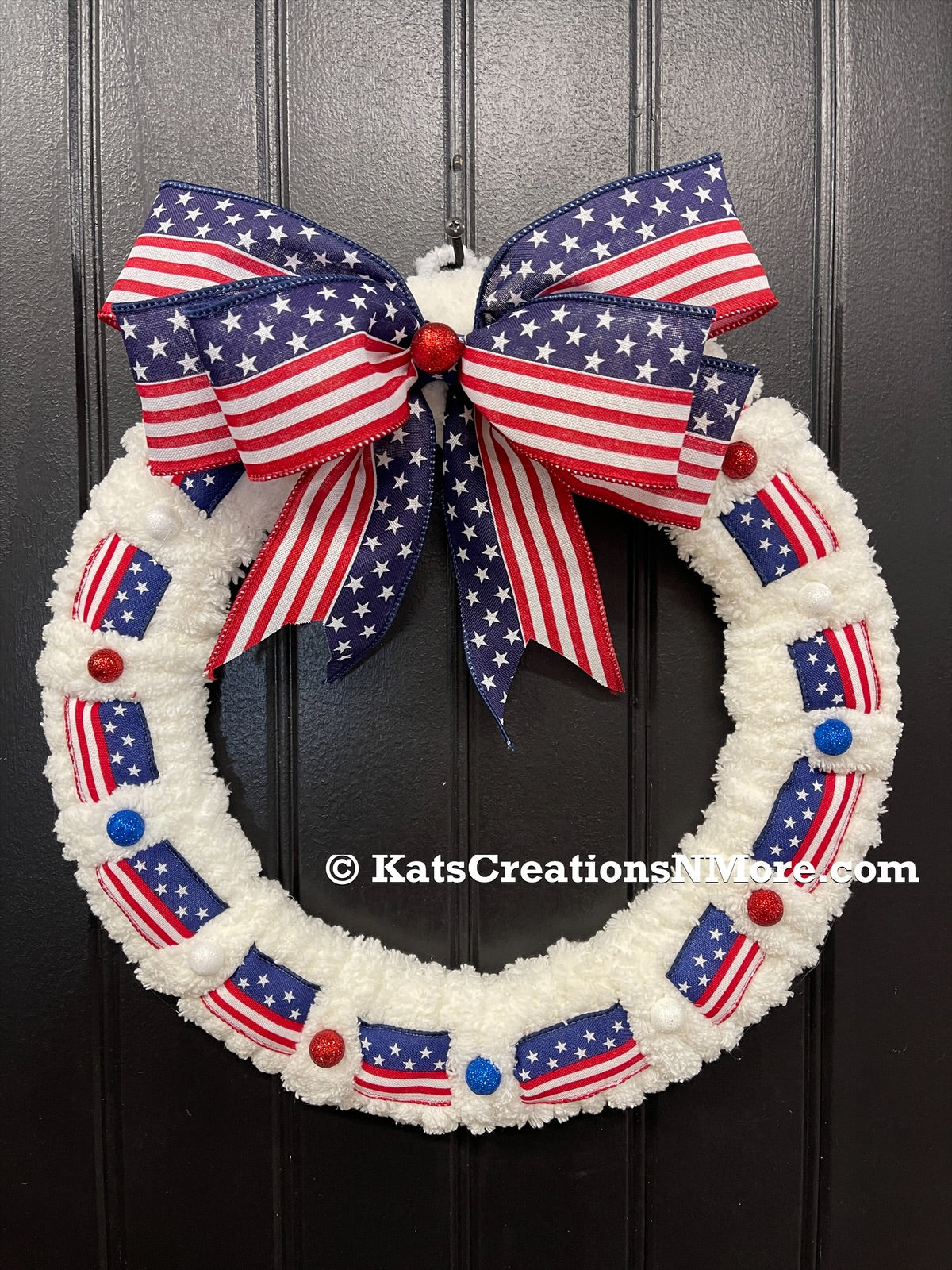 Patriotic Flag Chenille Wreath, 4th of July Front Door Decor, KatsCreationsNMore