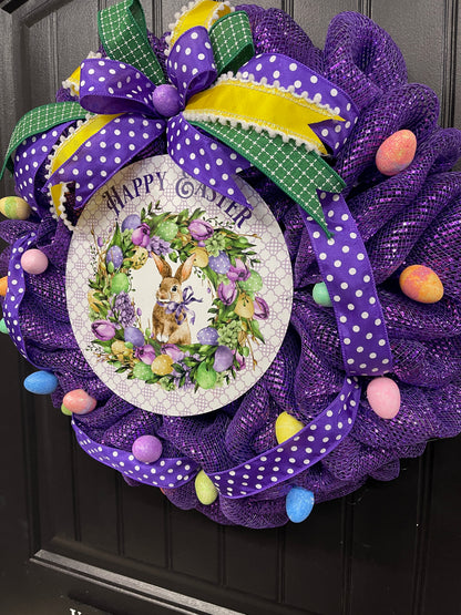 Happy Easter Bunny Egg Wreath, Spring Front Door Decor, KatsCreationsNMore